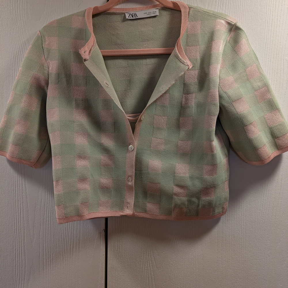 Zara Green and Pink Checkered Cardigan